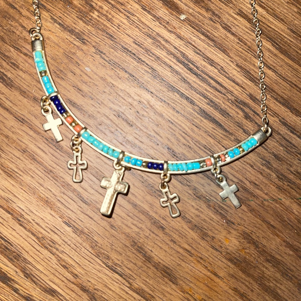 Gold and Blue Beaded Cross Necklace